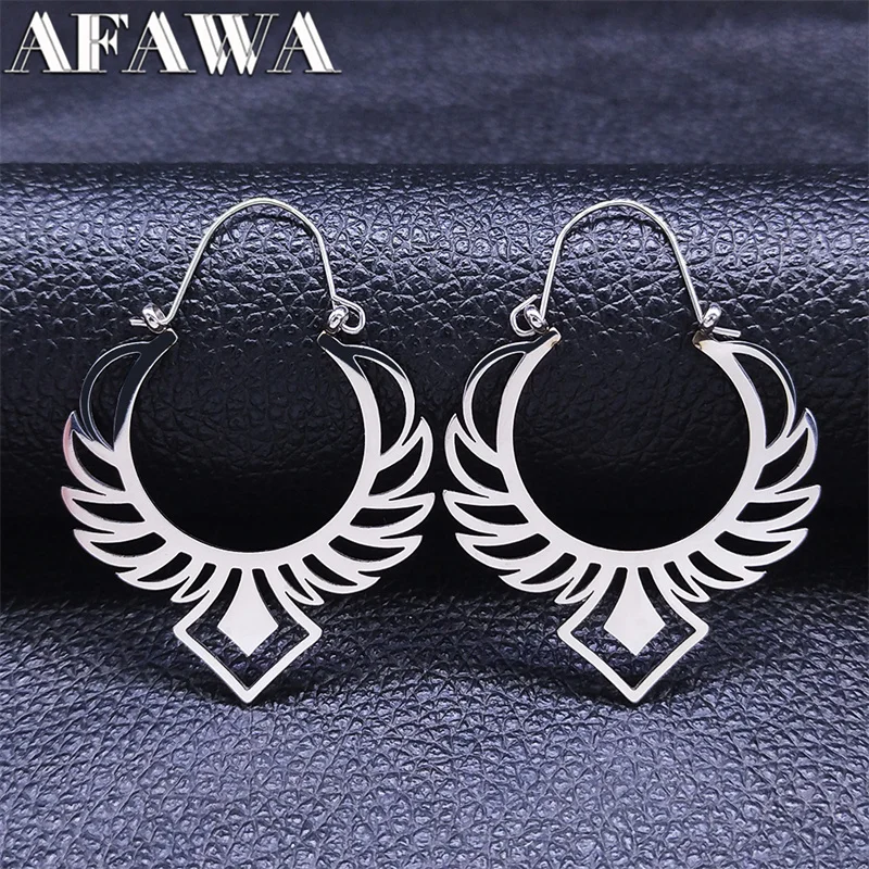 Hollowed-Out Bohemia Wings Ethnic Circle Earring for Women Stainless Steel Silver Color Aesthetic Hoop Earring Jewelry E8989S01