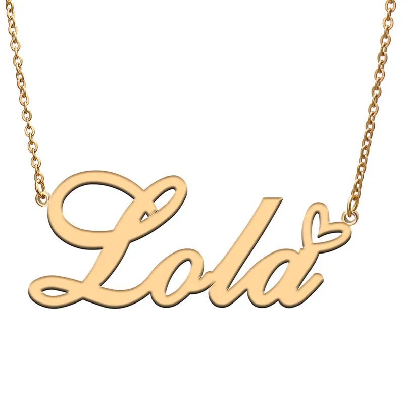 Lola Name with Love Heart Necklace for Women Stainless Steel Jewelry Nameplate Pendant Femme Mother Child Girls Gift