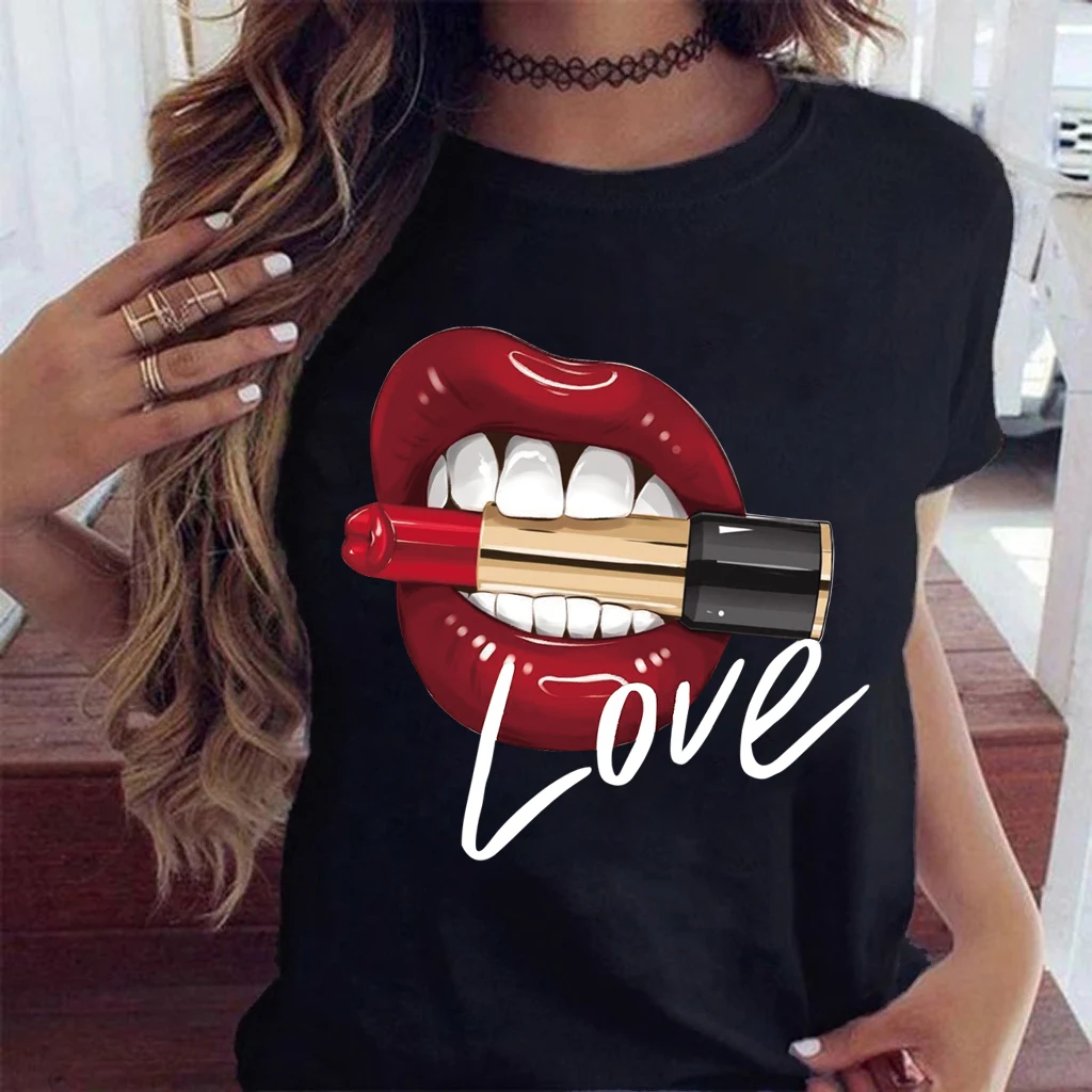 

Women Tops O-neck Sexy Black Tees Kiss Lip Funny Summer Female Soft T Shirt Lips Watercolor Graphic T Shirt Top9180