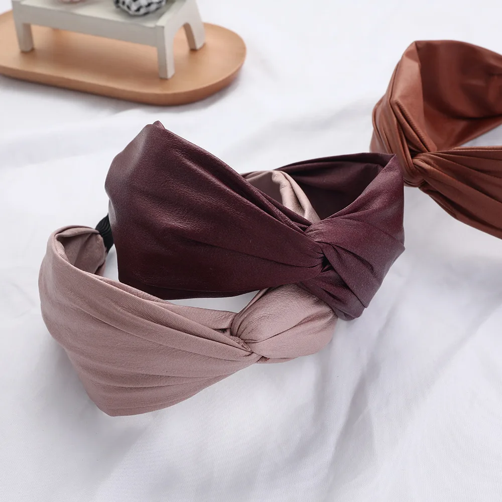 New Fashion European and American Simple ins Solid headband cross-gloss PU leather Hairpin for girl Women Hair Accessory