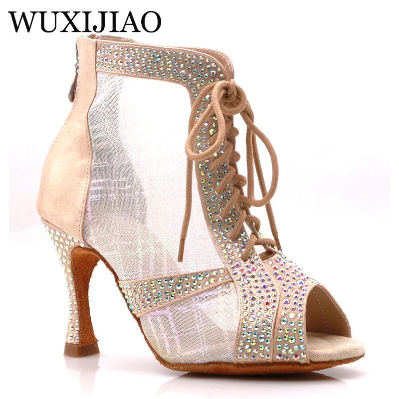 WUXIJIAO brand Latin dance high boots shoes soft sole shoes salsa ballroom ladies mesh dance shoes Cuba high heels