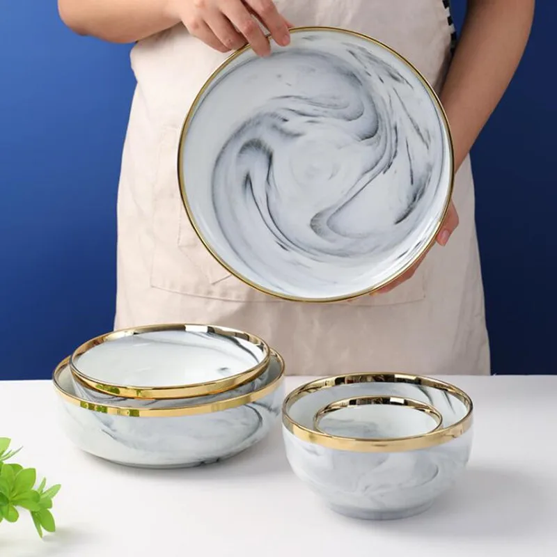 New Double-sided Gilt Rim Gray Marble Pattern Porcelain Dinner Tray Kitchen Plates Ceramic Food Dishes Rice Salad Noodles Bowl