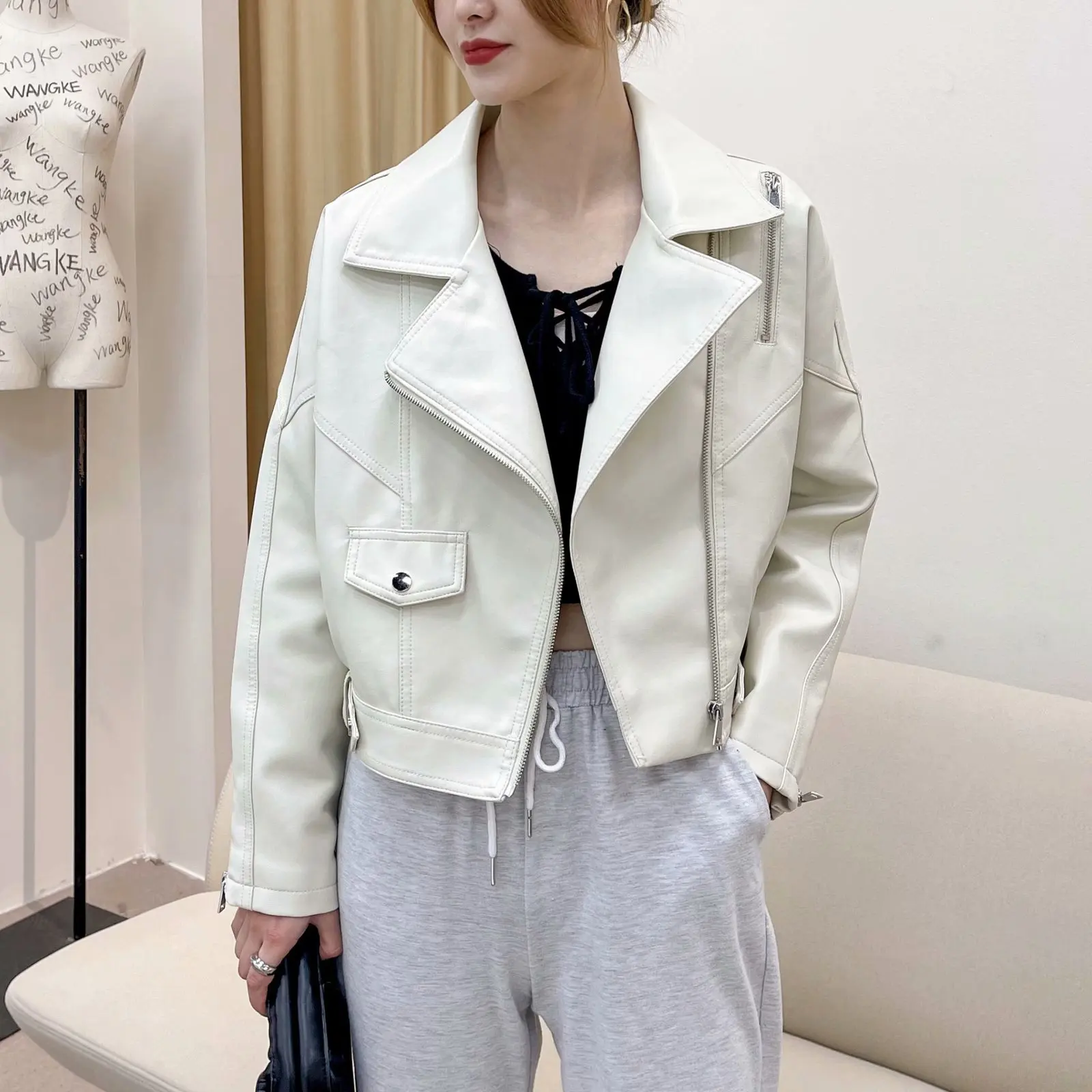 Women Biker Moto Coat New Nice Spring Autumn Loose Zipper Faux Leather Jacket Female Big Pocket Beige Oversize Leather Coats