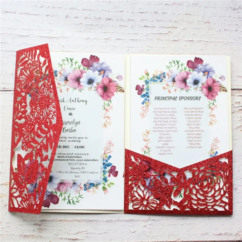 Glittery red invitation cards floral tree laser cut gift cards wedding Christmas birthday greeting cards party decoration