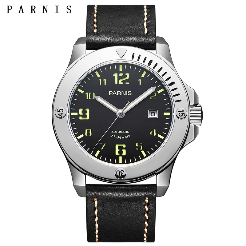 Parnis 44mm Mechanical Men\'s Watches Leather Strap 100m Waterproof Luminous Automatic Movement Sapphire Crystal Men Watch