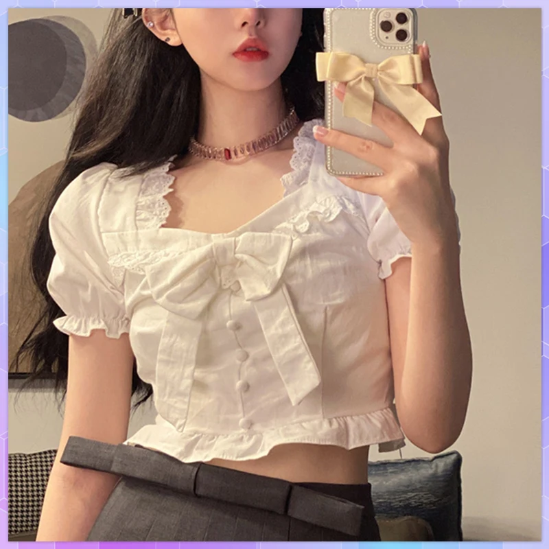 Sweet Bowknot Crop Top Short Sleeves Shirt Summer Women Bow Female Ruffle Pullover High Waist White  Tee Shirt Camisetas Blusas