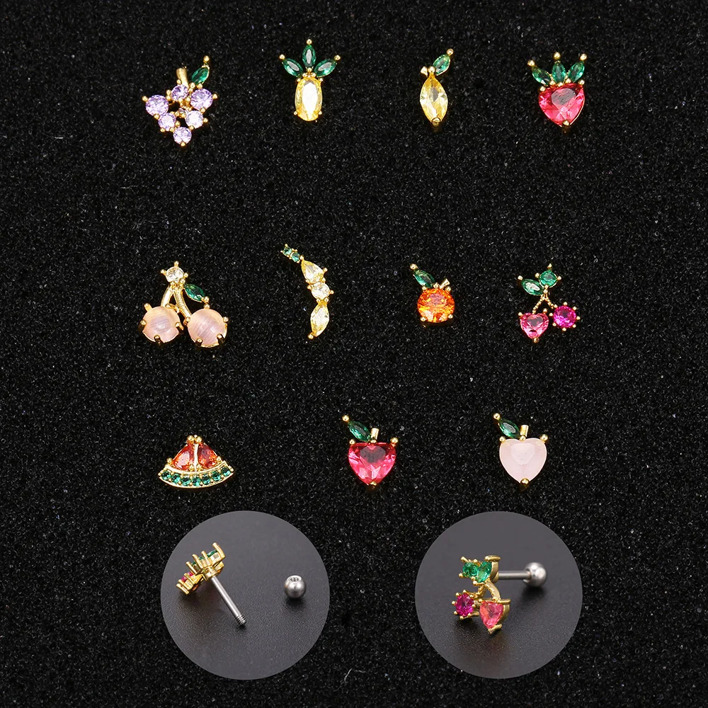 1Pc 20g Stainless Steel Rainbow Cz Fruit Cartilage Bicycle Stud Earring Cute Screw Back Bar Ligth Tragus Conch Lobe Ear Piercing