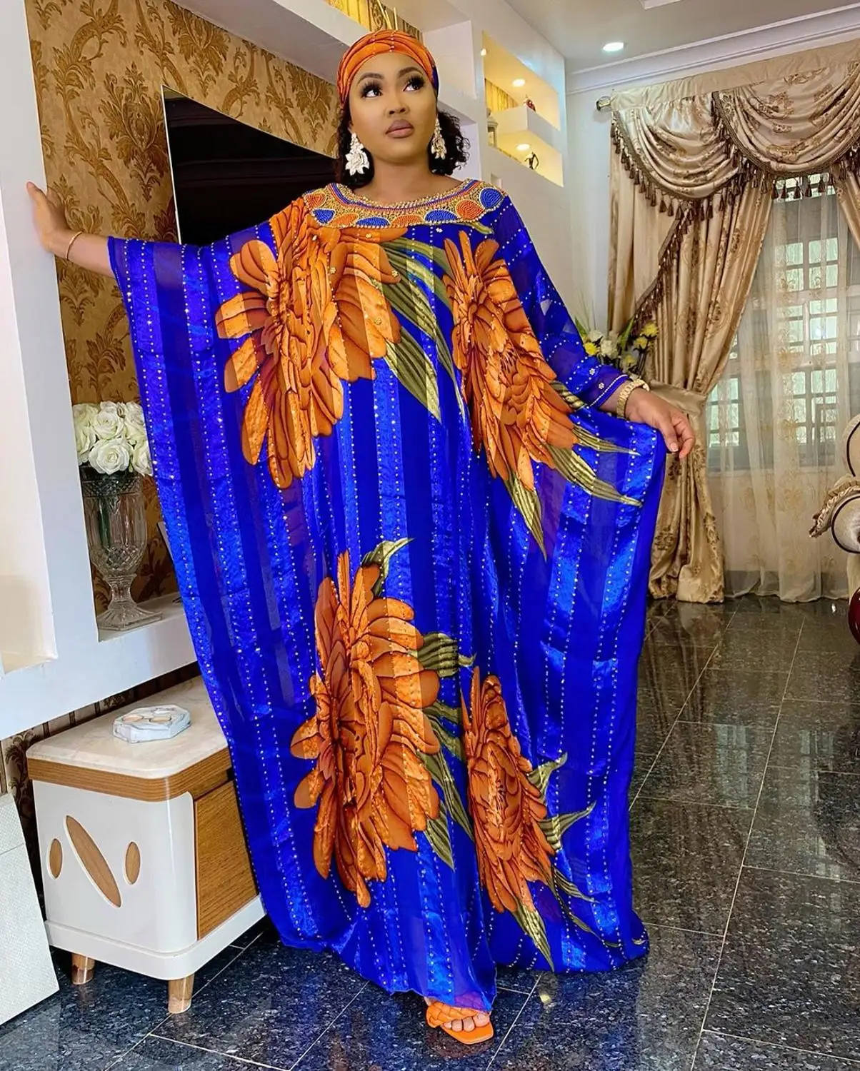 African woman robe dress fashionable Hot Fix Rhinestone chiffon fabric with inner skirt two-piece set