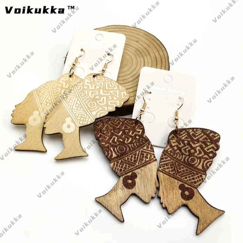 VOIKUKKA Jewelry Portrait Sculpture Head Wrap Laser Cutting Engraving Wooden Women Drop Dangle African Women Cute Earrings