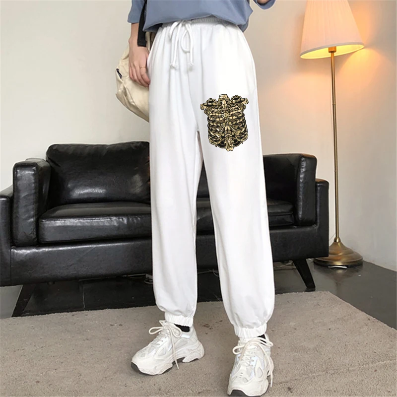 

Korean Fashion Style High Waist Elastic Drawstring Straight Trousers Womens Joggers White Casual Skeleton Print Loose Pantalones