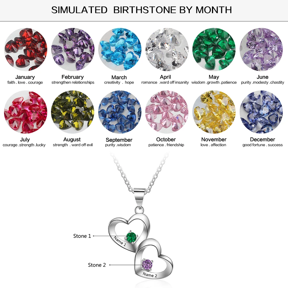 925 Sterling Silver Customized 2 Birthstones Heart Necklaces for Women Personalized Engraving Pendant Jewelry Anniversary Gifts