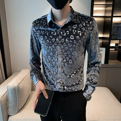 Leopard Print Velvet Men's Shirt 2021 Autumn Winter Keep Warm Long Sleeve Slim Fit Casual Shirt Social Business Men Clothing