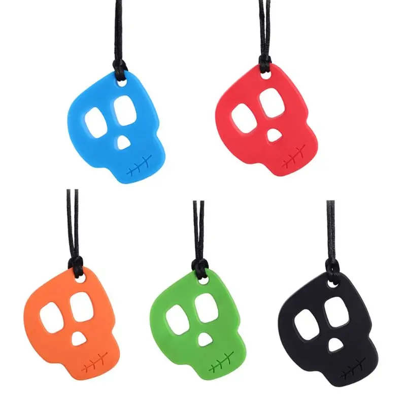 1PC Rainbow Brick Robot Skull Chew Necklace Autistic Baby Silicone Teether Autism Sensory Chewy Toys