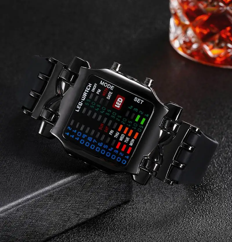 Boys Mens Binary Watch Fashion Binary LED Digital Wristwatch Date Square Dial Casual Plastic Strap Bracelet Watch