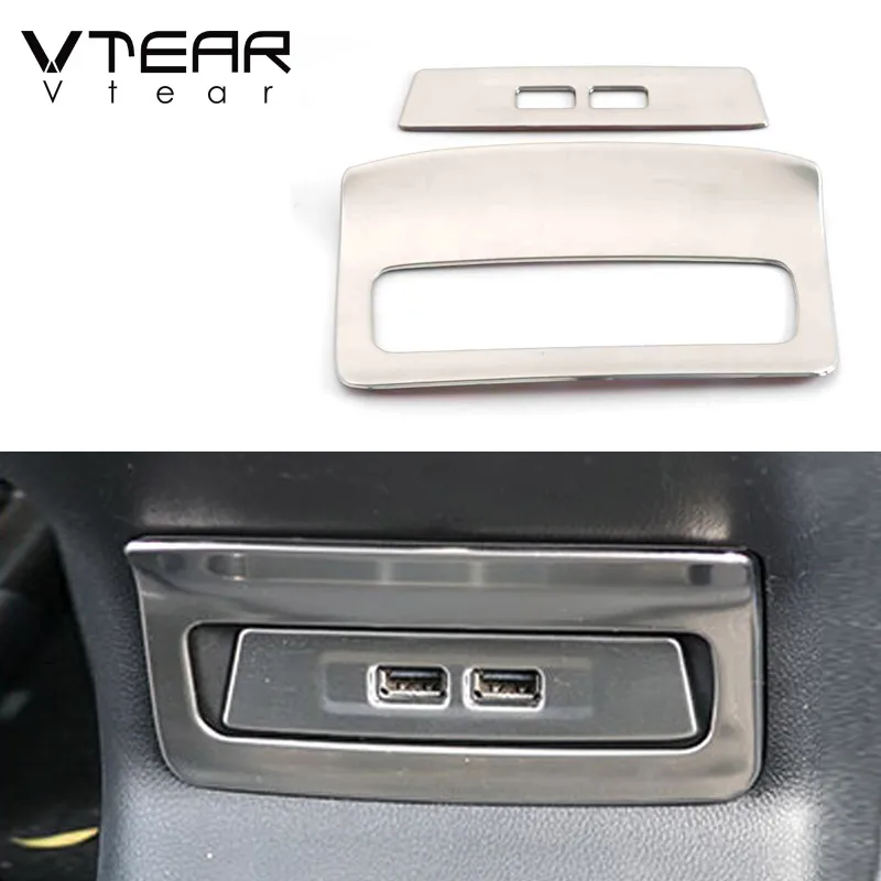 Vtear for Skoda Karoq Interior Armrest Rear USB Socket Cover Frame Trim Mouldings Stainless steel Car-styling Accessories 2023