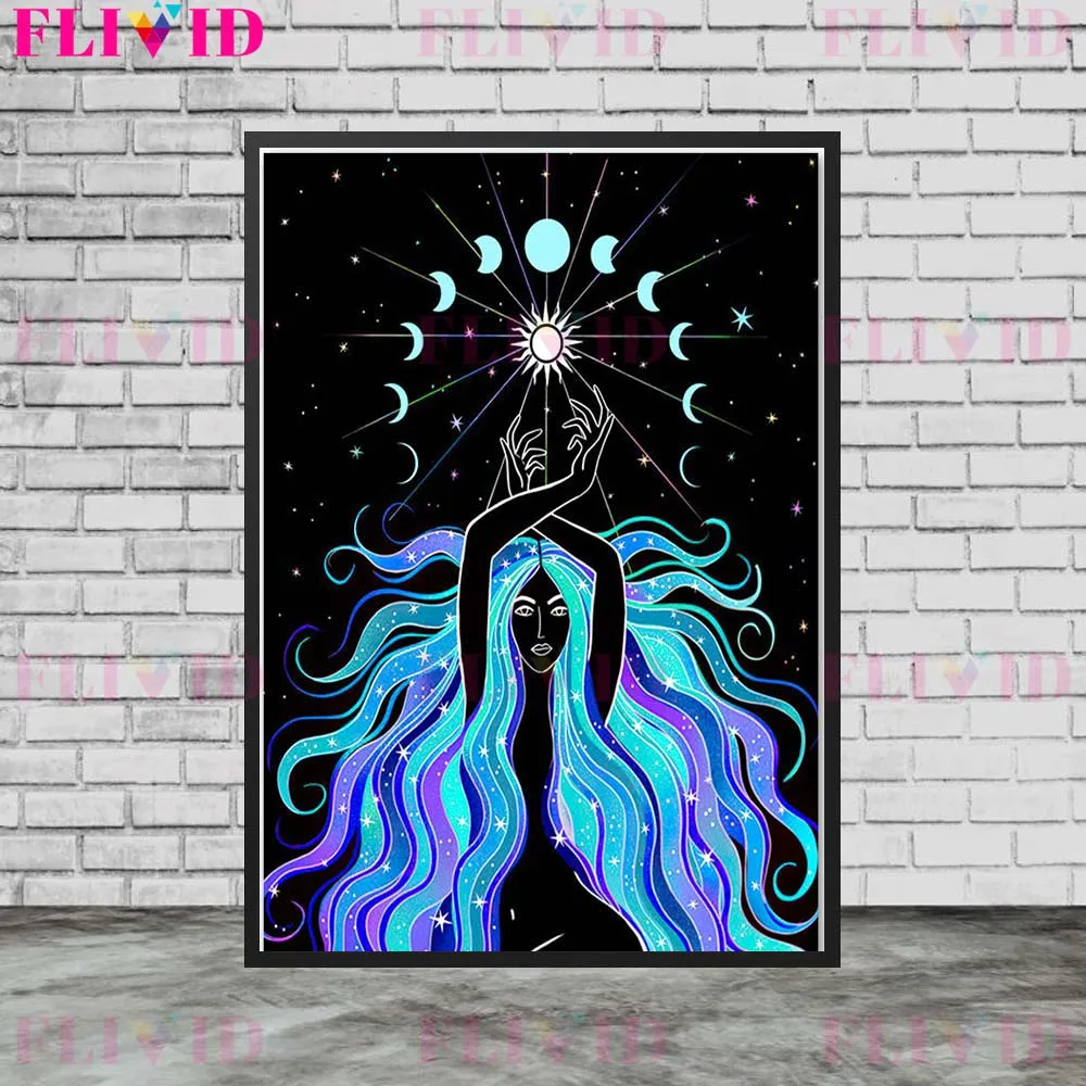 Witch Girl Moon Phase Sun Witchcraf Art Posters And Prints Wall Art Canvas Painting Wall Pictures For Living Room Home Decor