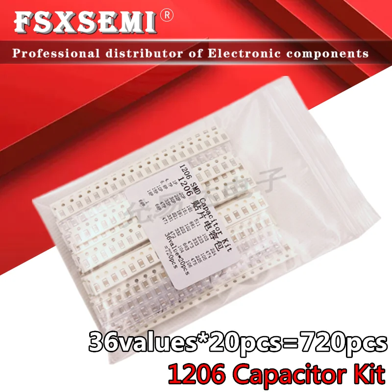 36values*20pcs=720pcs 1206 SMD Capacitor assorted kit 1pF~10uF Samples Kit electronic diy kit