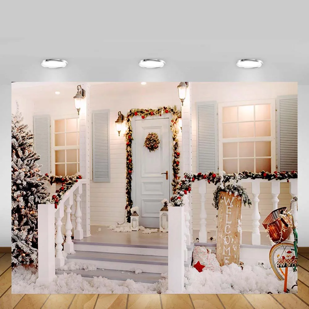 Mehofond-pano de fundo de inverno, noite, ambiente externo, casa branca, neve, boas vindas, decoração, fotografia, estúdio de foto