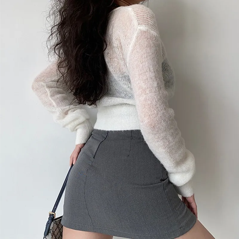 Karrram Sexy See Through Cropped Cardigan Women Thin Hollow Out Knitted Cardigans Long Sleeve V-neck Sweater Crop Tops Korean