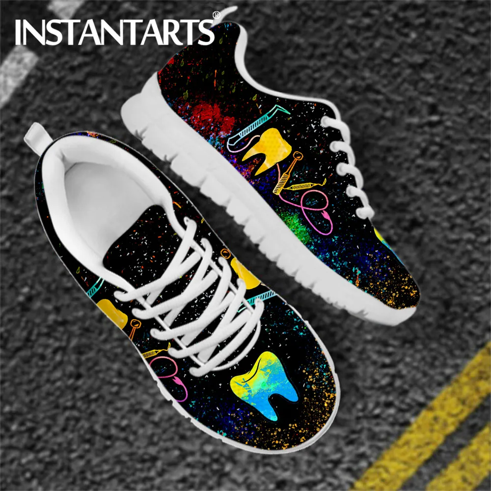 INSTANTARTS Casual Women Dental Shoes Black Sneakers Funny Tooth Tool Brand Design Spring Mesh Sneaker Footwear Lace Up Shoe