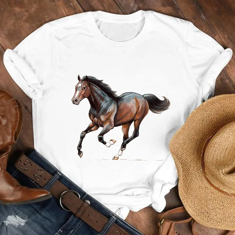 Cartoon Running horse Pattern Womens Tshirt Fashion O-Neck Female T-shirts Basic White T Shirts Summer Top Lady Tee shirt 2021