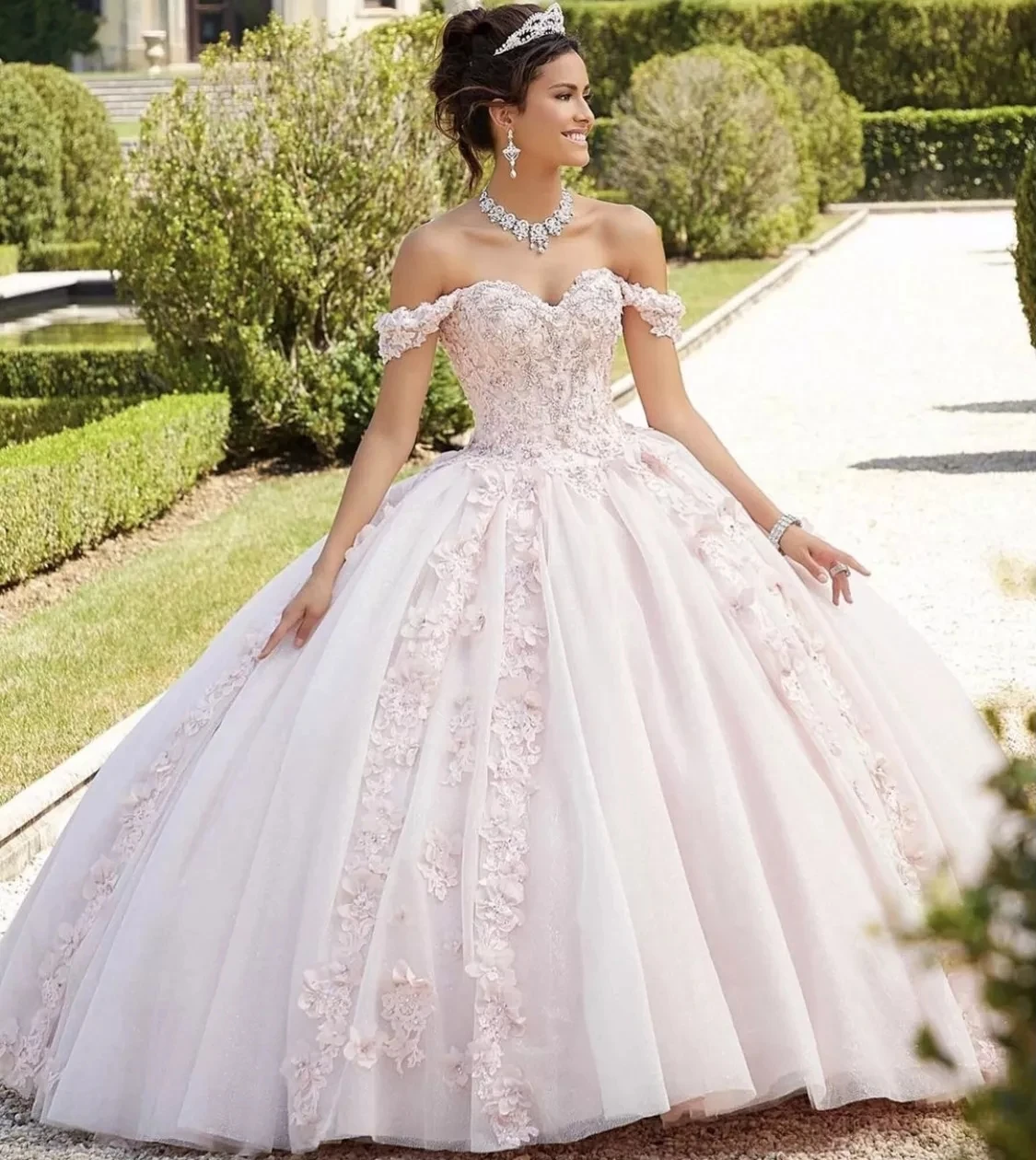 Vestido de quinceañera para mujer, vestido de baile sin hombros, apliques de tul con cuentas, 16 vestidos, HWF023