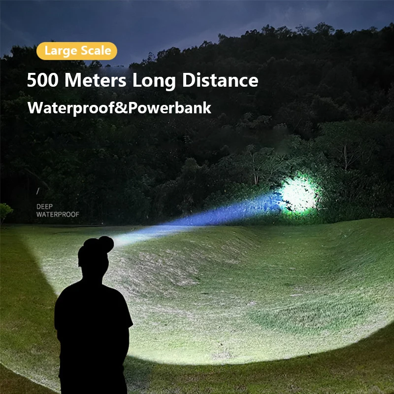 Farol LED poderoso com sensor de movimento, lanterna recarregável USB, lanterna poderosa, tocha cabeça biking, 500 metros