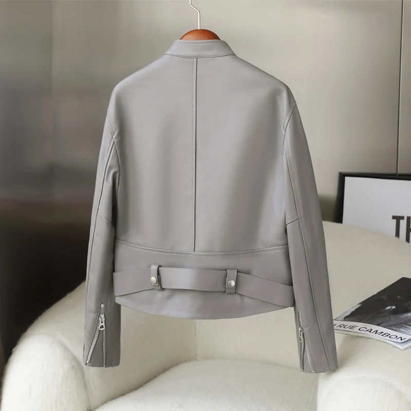 Locomotive Jackets For Women High Quality Female Grey Short Slim Zippers Pockets Genuine Leather Coat Mujer Motorcycle Vetement