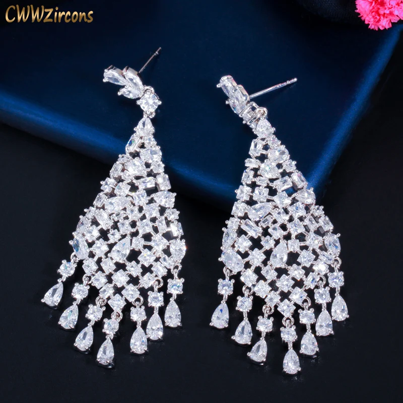 CWWZircons-pendientes colgantes de circonita cúbica blanca brillante, pendientes largos grandes para novias, joyería de compromiso de boda, CZ856