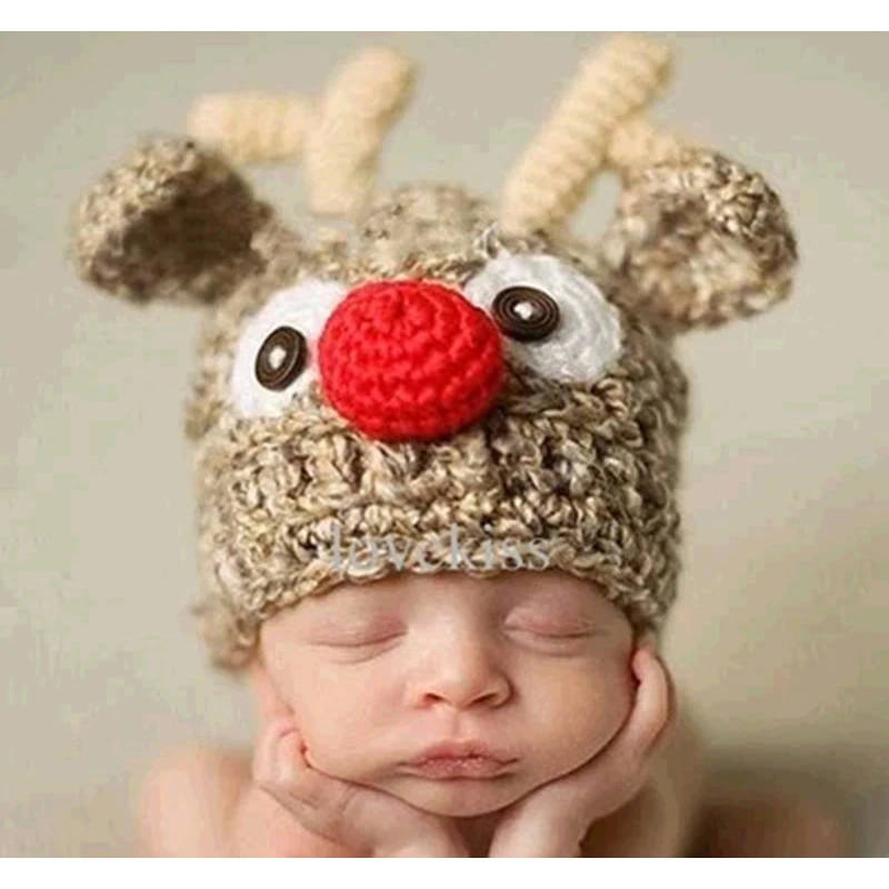 Christmas Baby Hat Adorable Reindeer Hand Crochet Beanie Newborn Boy Girl Knitting Hats Photo Props Knitted Bonnet Xmas Santa