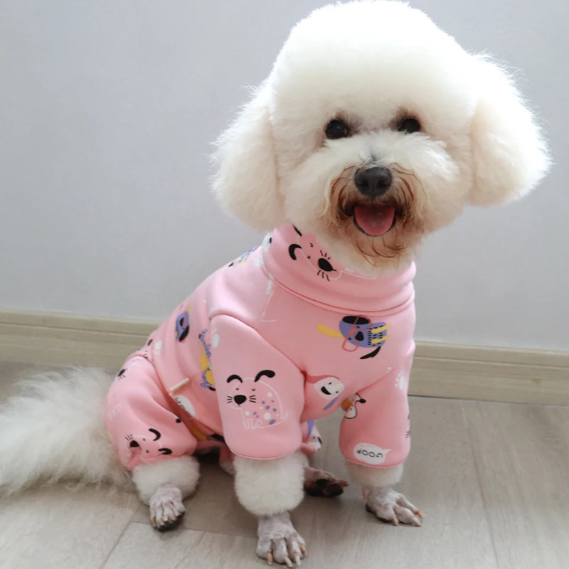 Pet Dog Jumpsuit Warm Fleece Puppy Clothes Pink Printed High Neck Overalls For Small Dogs Protect Belly Pajamas Chihuahua Coat