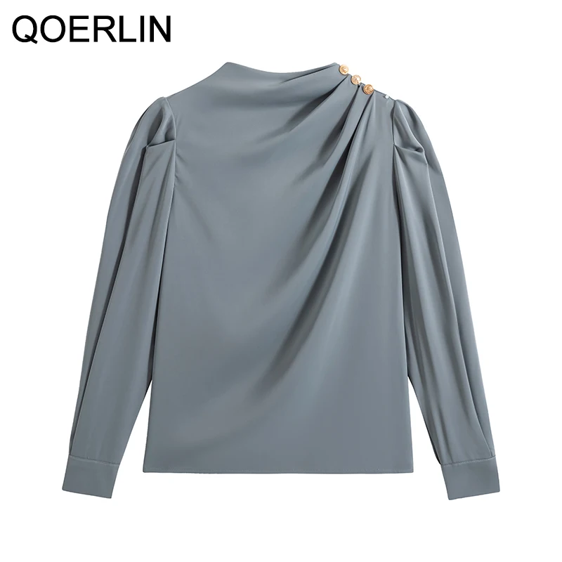 QOERLIN Elegant Korean Stand Collar Lantern Sleeve Fashion Long Sleeve Shirt Blouse New Zipper Fly Pleated Blouse S-2XL Pullover