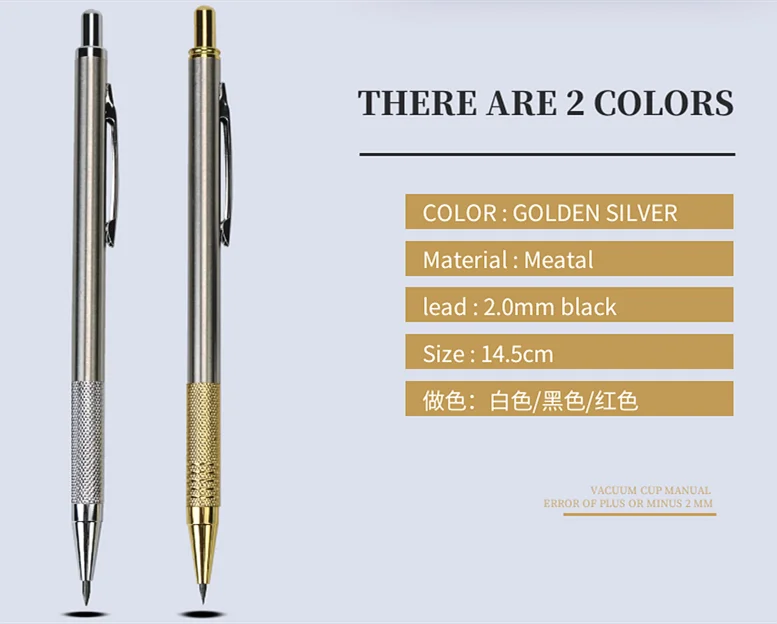 2.0 Metallischer Druckbleistift für Schüler, zum Zeichnen und Schreiben, mit kostenlosem Radiergummi, 5 Bleistiftminen und Spitzer – Detail 6