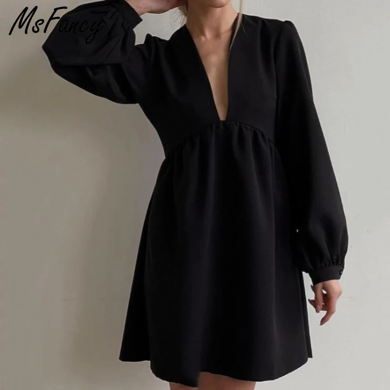 Msfancy-Mini Robe Rose pour Femme, Tunique à Col en V, Mode Coréenne, Manches Lanternes, Robe de Soirée, 2022