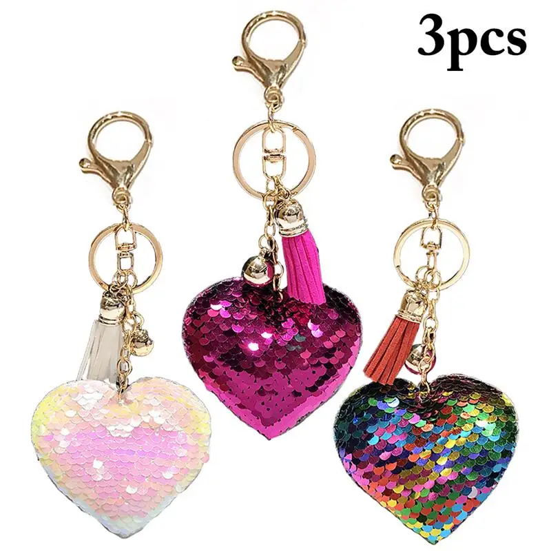 Fashion 3pcs Heart Keychain Sequin Tassel Gold Key Holder Metal Sequin Key Chain Keyring Charm Bag Auto Pendant Gift