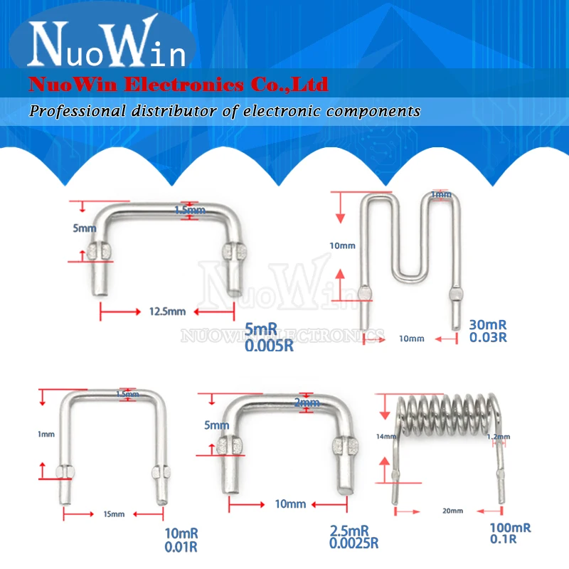 Resistencia de muestreo de resistencia constante, 0,001r ~ 0,1r, paso 10mm, 12,5mm, 15mm, 20mm, 1mR ~ 100mR, 10mR, 5mR, 0,005r, 0,02r, 10 unidades por lote