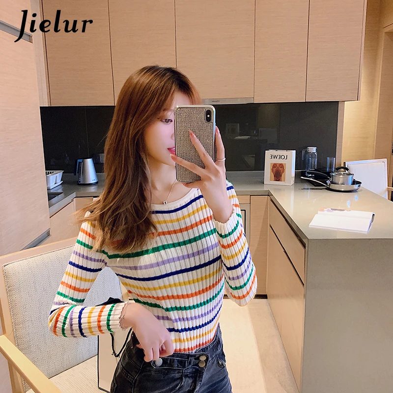 Jielur Autumn Colorful Striped Sweater for Women Fashion Korean Bottoming Shirt Slim O-neck Lady Sweaters Spell Color Knitwear