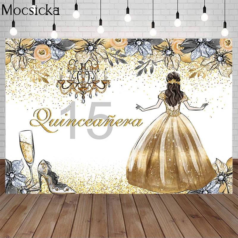 Quinceanera księżniczka tło złota brokatowa słodka 15. Dziewczyna zdjęcie urodzinowe na przyjęcie do tortu tabeli rekwizyty do dekoracji dostosuj tło