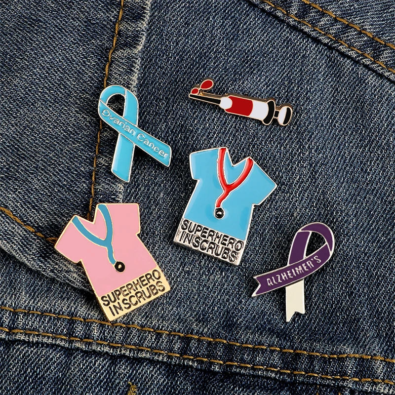 Syringe Enamel Pin Doctor Nurse Brooches Pink Blue Clothes Alzheimer's Charity Ribbon Lapel Pins Badges Medical Students Jewelry