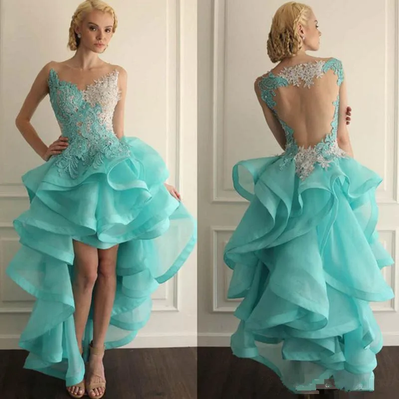 

Latest Charming Aqua High Low Sleeveless Prom Party Dresses Illusion Neckline Lace Appliqued Wedding Guest Gowns Ruffles Skirt