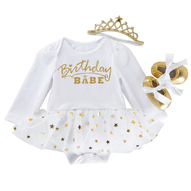 Golden Shiny Star Mesh Dress for Baby Girls First Birthday Crown White Cotton Gown Costume Toddler Girl 1 Years Princess Outfits