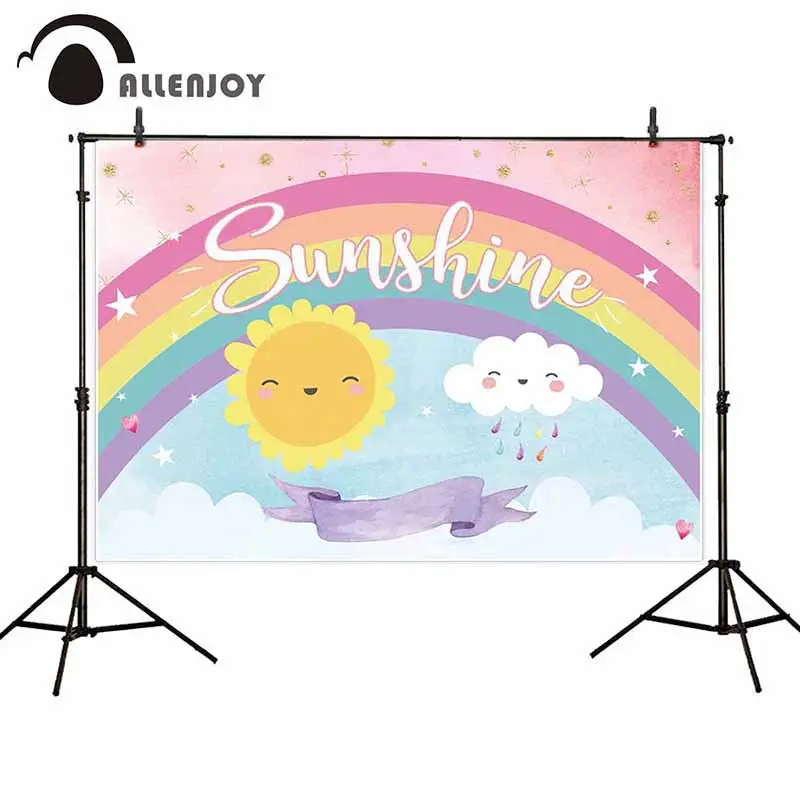 

Allenjoy rainbow backdrop blue sky golden stars Cartoon sun cloud sunshine photo background birthday baby shower party photocall