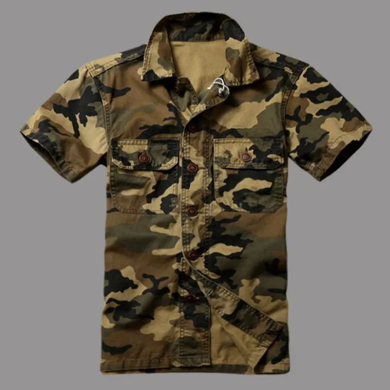 

Men Shirts Military Camouflage Casual Shirt Short-Sleeved Cotton Cargo Uniform Loose Pockets Safari Army Tops