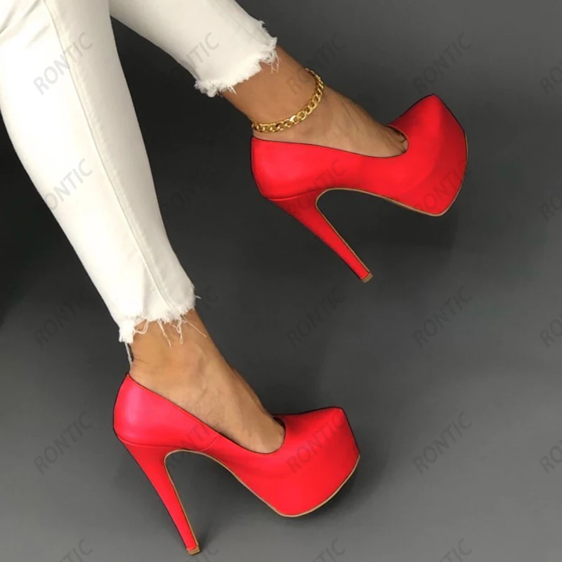 Rontic New Women Platform Pumps Sexy Stiletto Heels Round Toe Gorgeous Pink White Orange Red Dress Shoes Women US Size 5-20