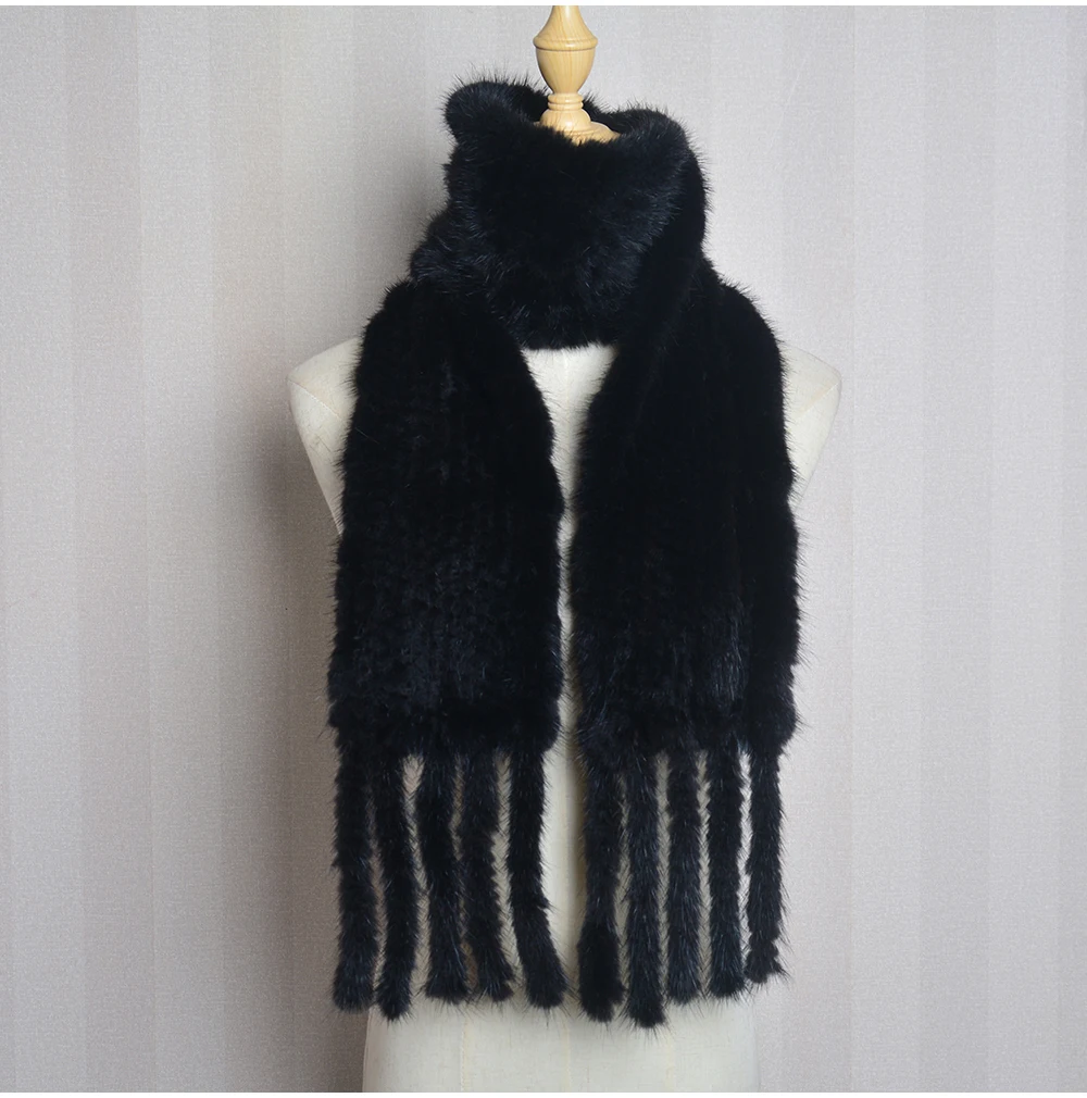 New Luxury Women Muffler 100% Real Mink Fur Scarf With Tassel Hand Knitted Natural Mink Scarves Neck Warmer Poncho Wholesale