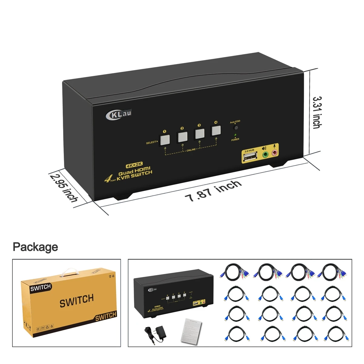 Switch HDMI KVM com Áudio e USB 2.0, 4 Portas, Display Estendido, 4K @ 60Hz, 4:4:4