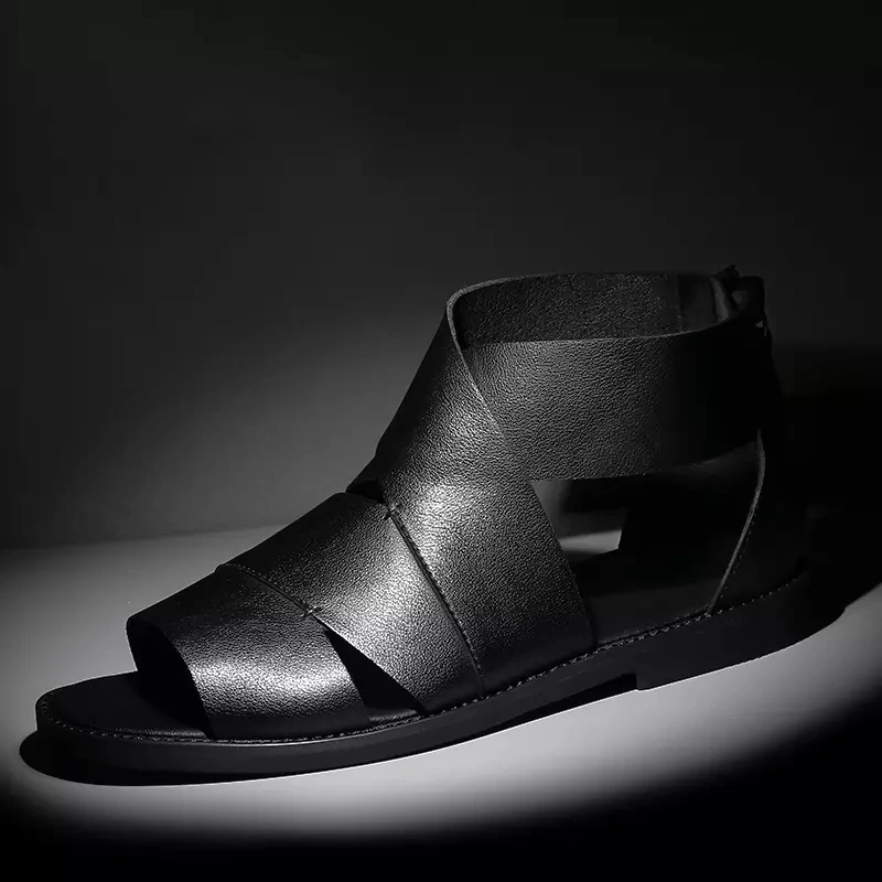 Summer Men\'s Sandals Genuine Leather Open Toe Roman Shoes Fashion Men\'s Business Casual Sandals Black Size 38-44
