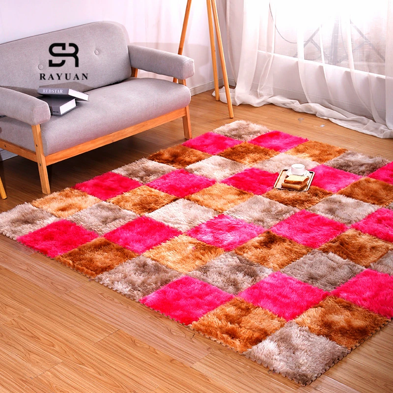 RAYUAN Foam DIY Puzzle Mat Gradient Villi Shaggy Carpet Plush Soft Area Rug Children Baby Playmat One Piece 30x30CM