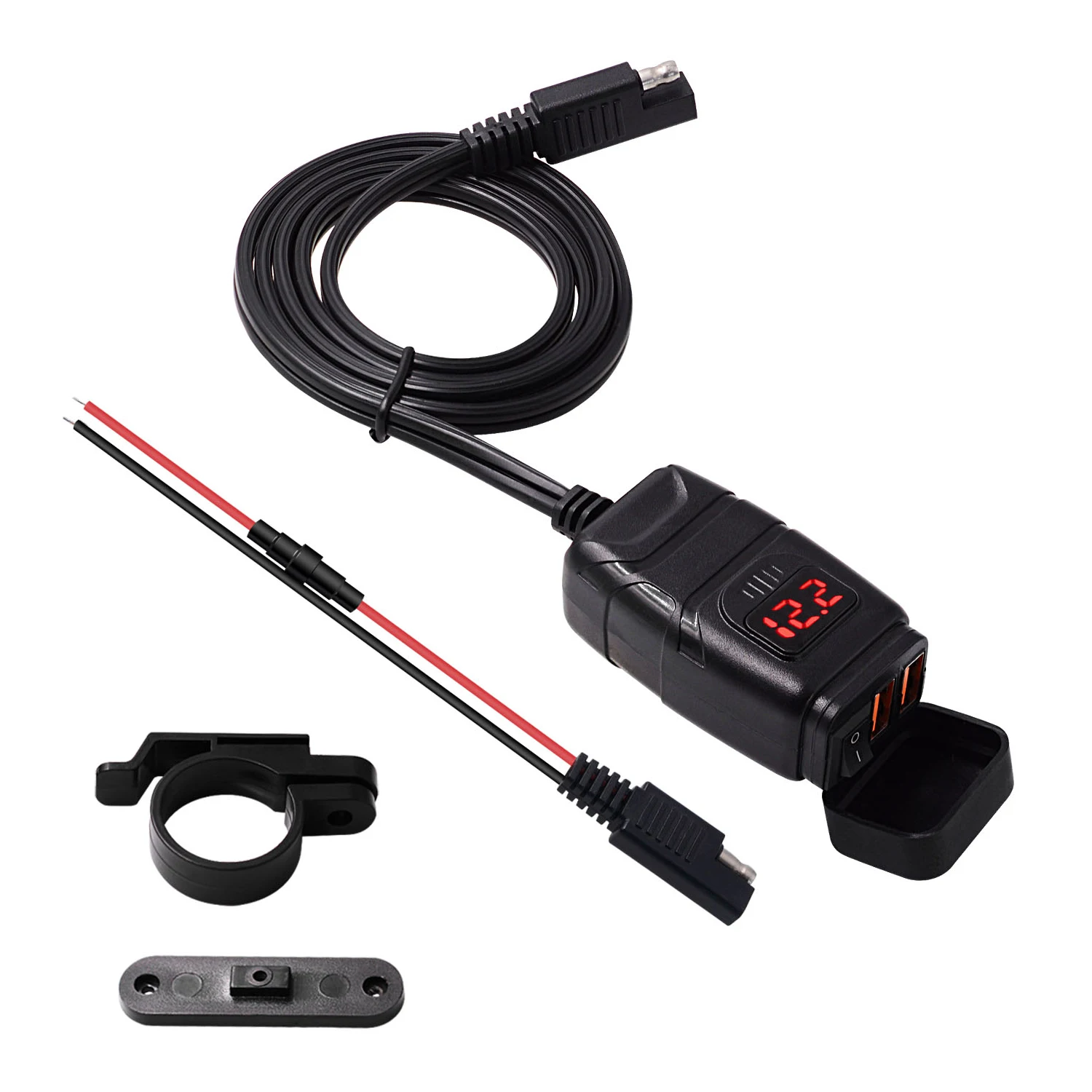 

Waterproof Motorcycles Charger Mounted Dual USB Charger Kit with Voltmeter Switch QC3.0 Fast Charge SAE to USB 24W + 24W