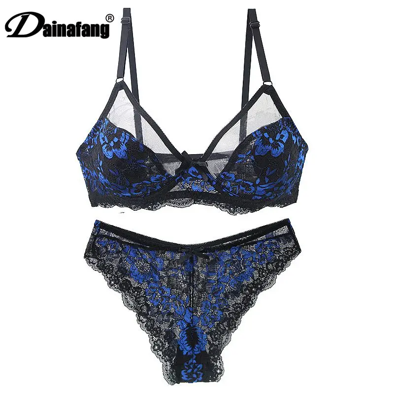 DaiNaFang 2021 New Fashion Ultra-Thin Thick Female Lingerie Women BCD Cup Plus Size Underwear Sexy Black Transparent Bra Panties